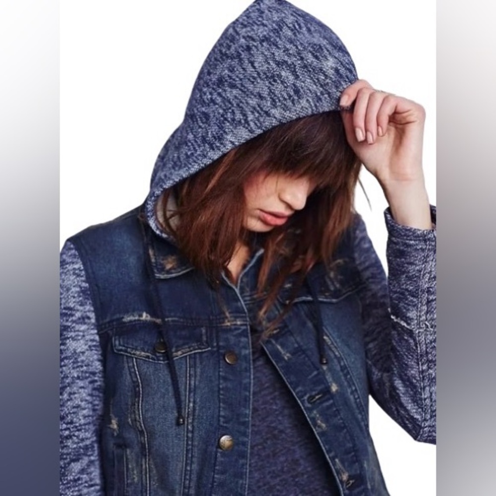 Free People Mixed Media Denim Jacket-navy - Picture 5 of 12